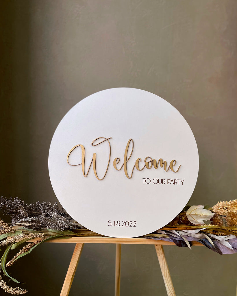 White & Gold Welcome to Our Party Sign